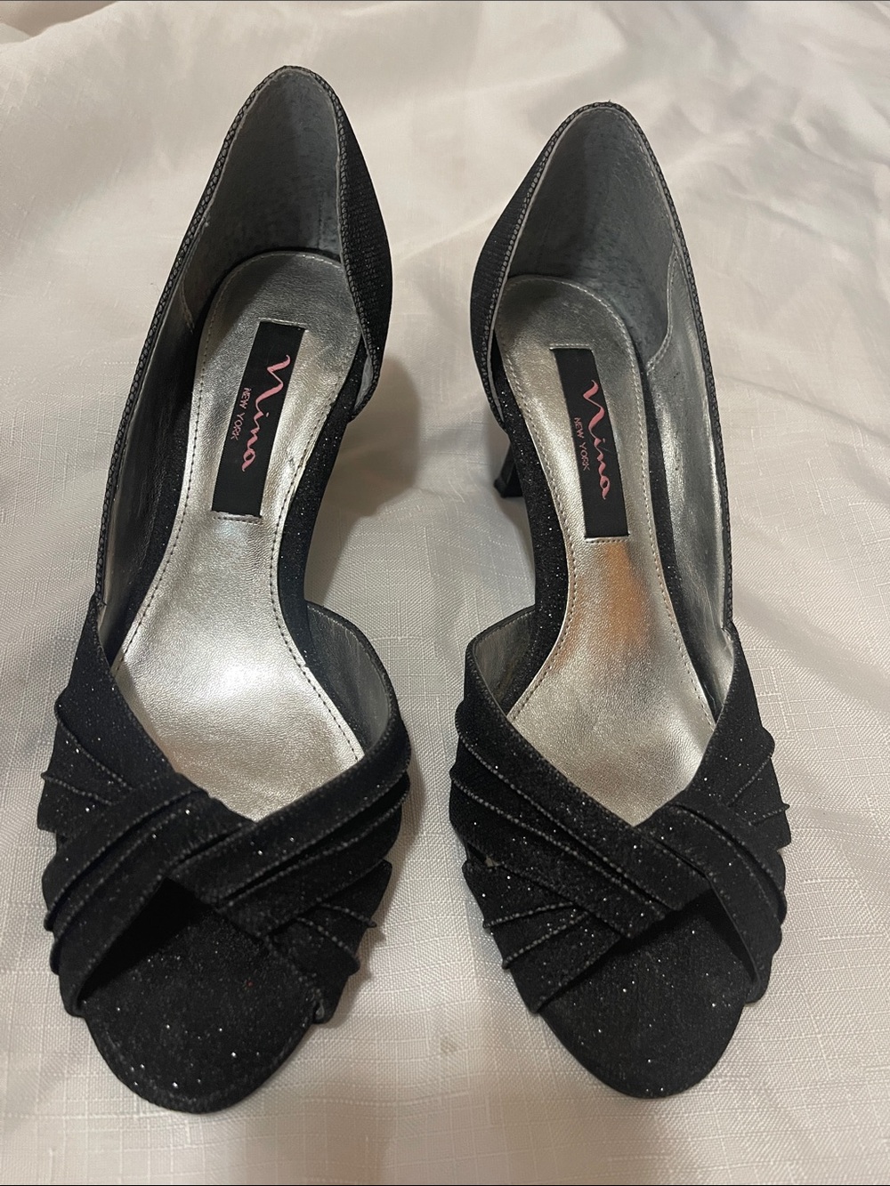 Nina New York Black Glitter Open-Toe Heels